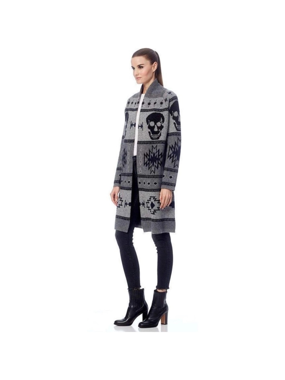 Skull Cashmere Willa Intarsia Wool Cashmere Long Cardigan Sweater S